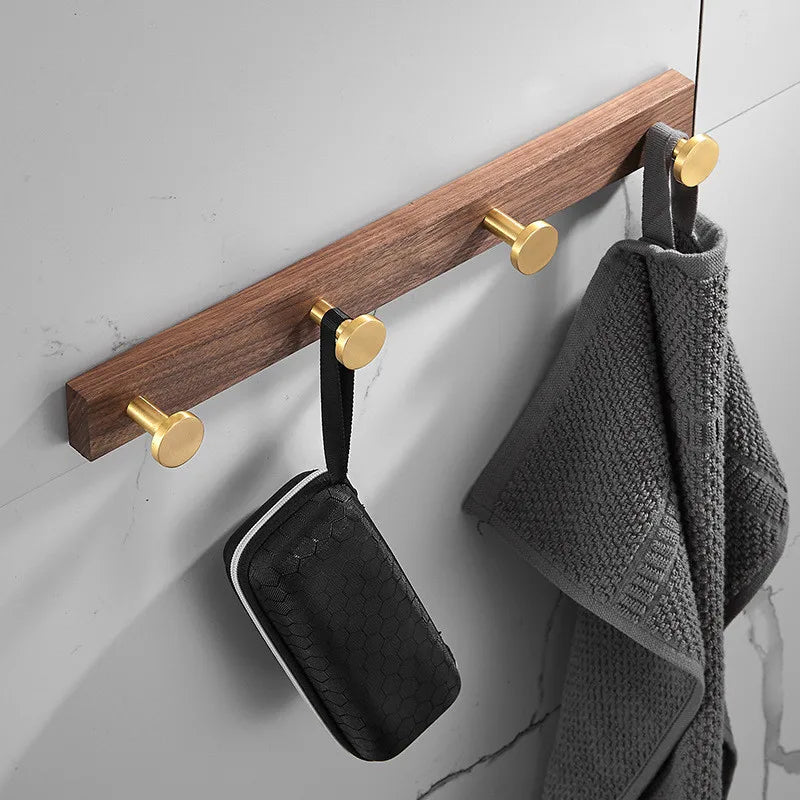 Afralia™ Brushed Gold Wood and Aluminum Robe Hook Towel Hanger for Bathroom and Kitchen