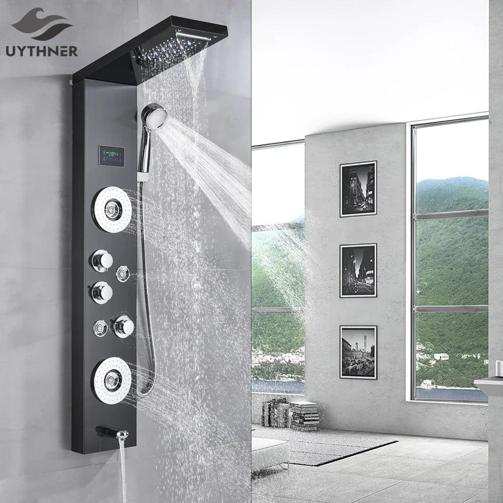 Afralia™ LED Shower Panel Column Bathtub Mixer Tap with Temperature Screen Massage.