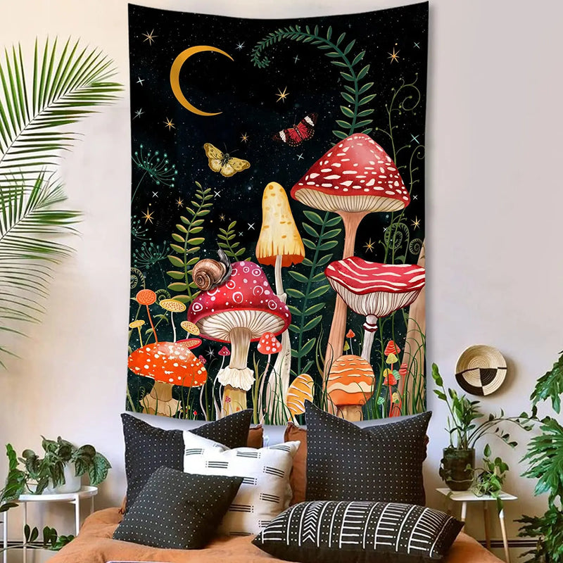 Afralia™ Mushroom Moon Star Tapestry Floral Wall Hanging for Boho Bedroom Decor