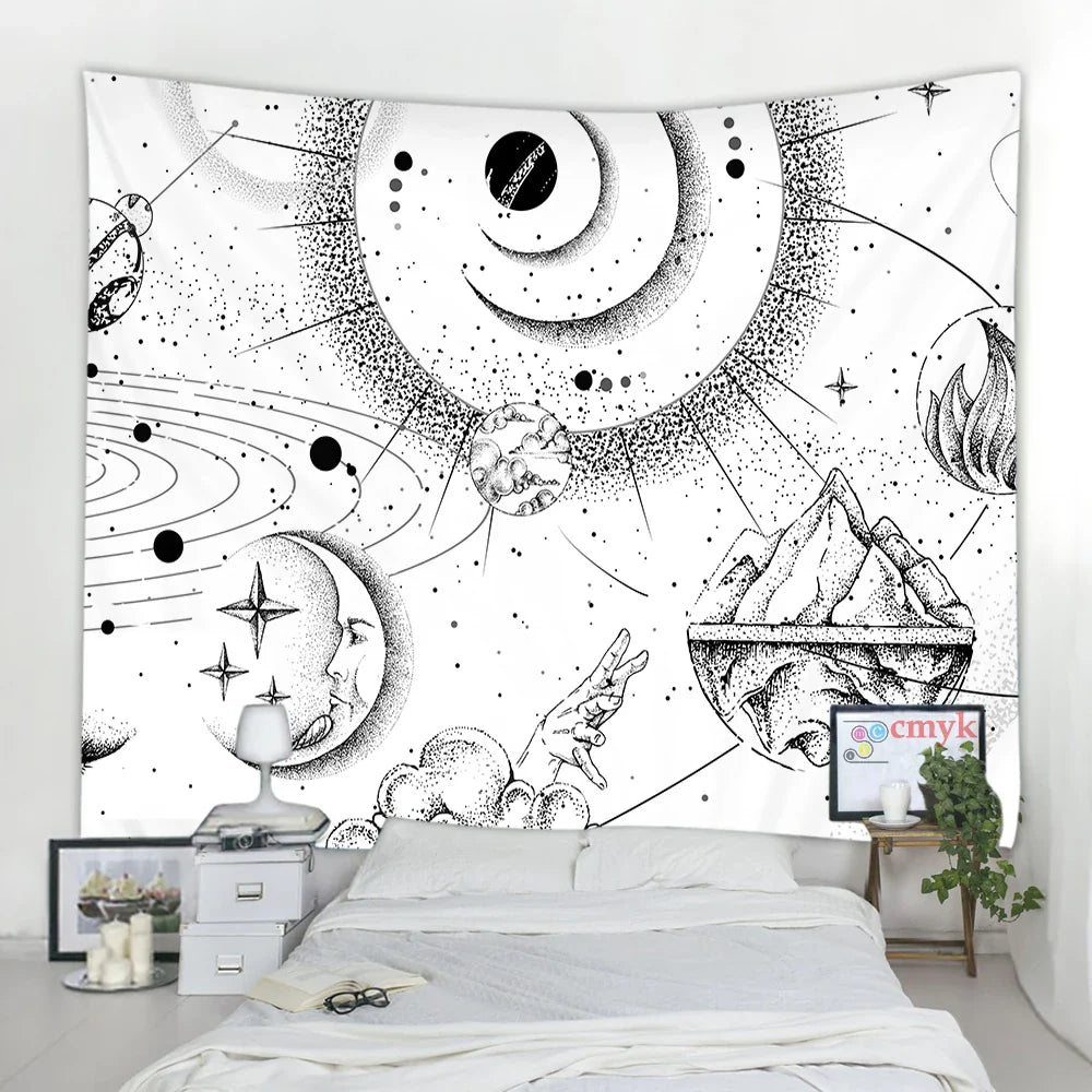 Afralia™ Black & White Stars Mandala Tapestry - Home Decor