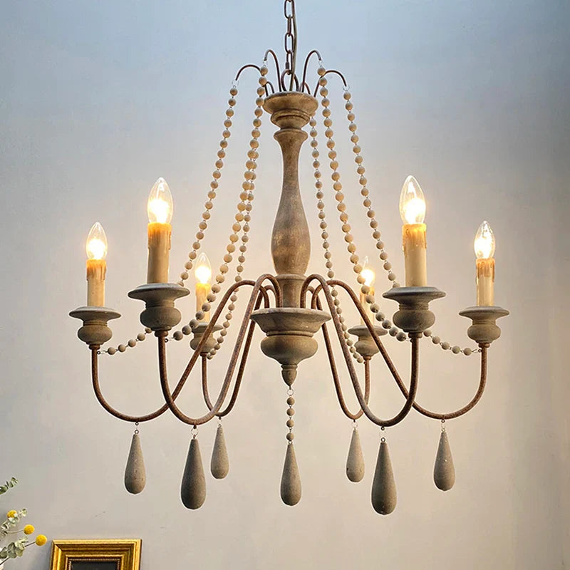 Afralia™ White Wooden Beads Chandelier – Retro Elegant Foyer Suspension Light