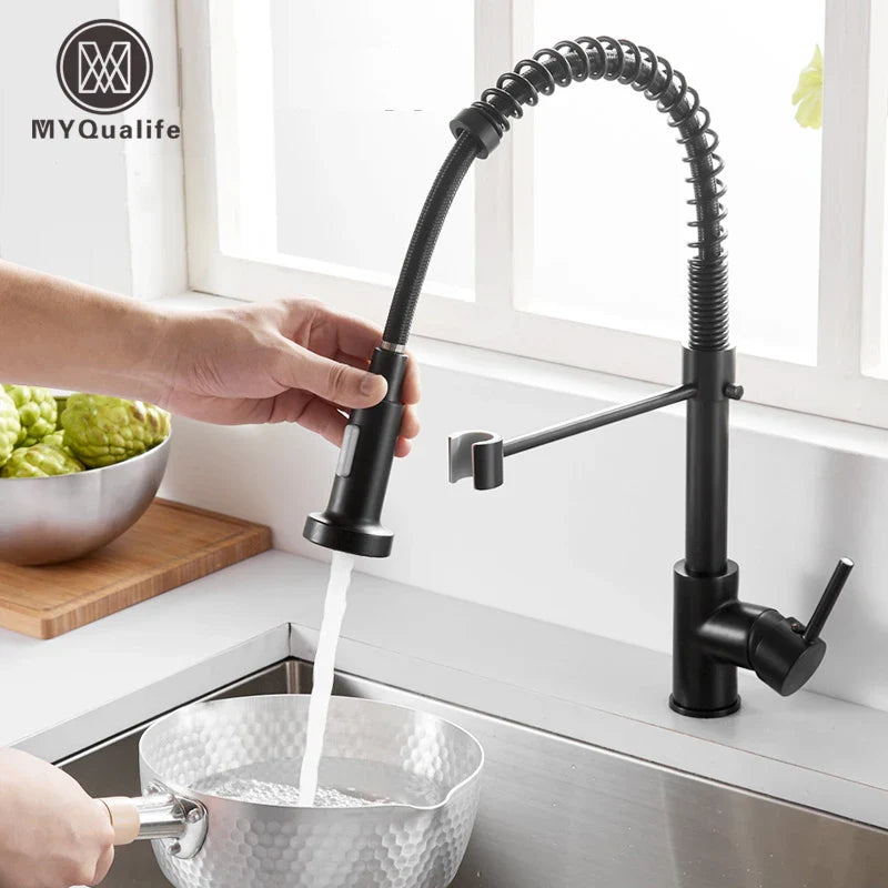 Afralia™ Matte Black Spring Kitchen Faucet One Handle Hot Cold Water Tap Deck Mounted