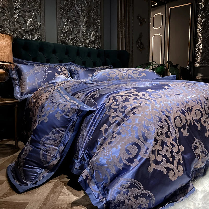 Afralia™ Luxury Soft Satin Jacquard Cotton Bedding Set in Blue/Gold/Gray, Queen/King Sizes