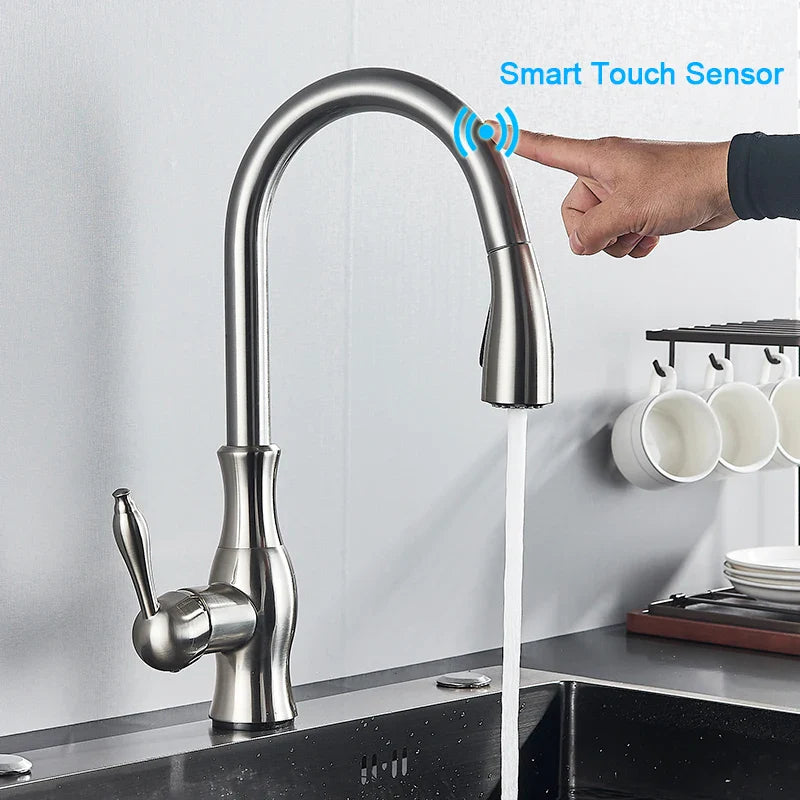 Afralia™ Smart Touch Kitchen Faucet: Sensor Dual Outlet Mixer Taps, 360 Rotation, Nickel/Black