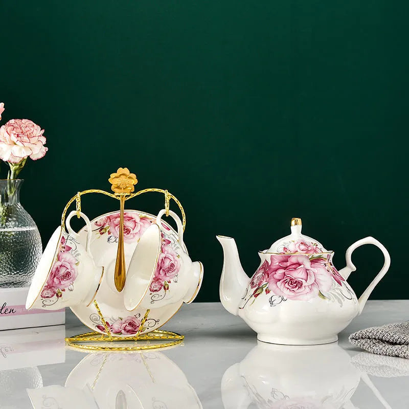 Afralia™ Luxury Bone China Tea Set with Teapot, Cups, and Saucers