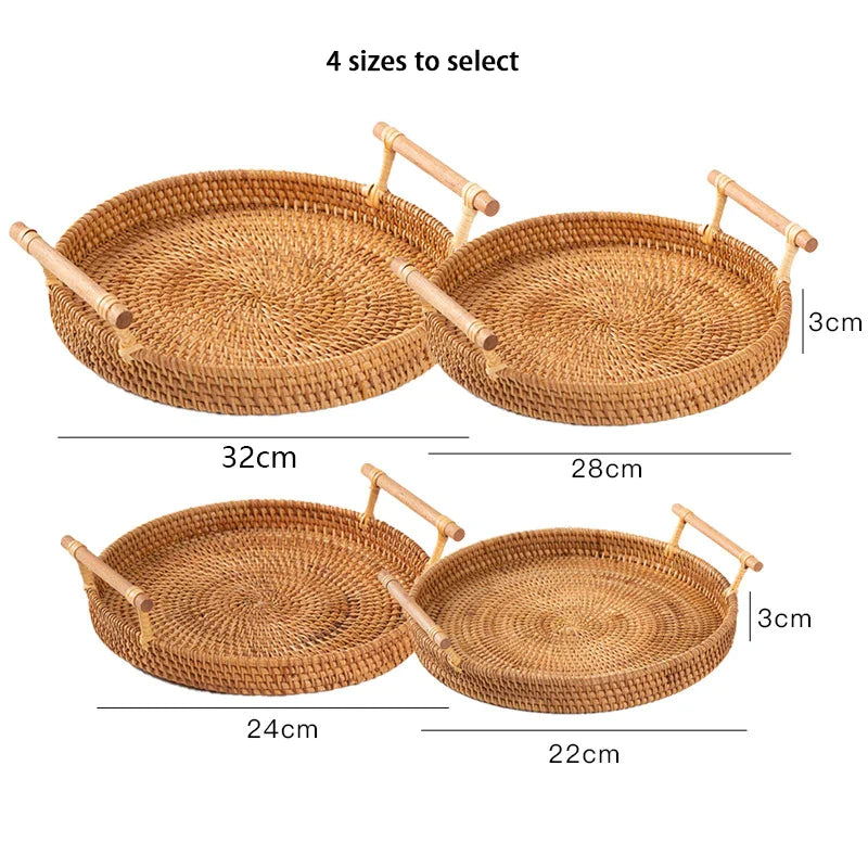 Afralia™ Round Rattan Tray with Wooden Handle for Food, Fruit, and Dinner Serving