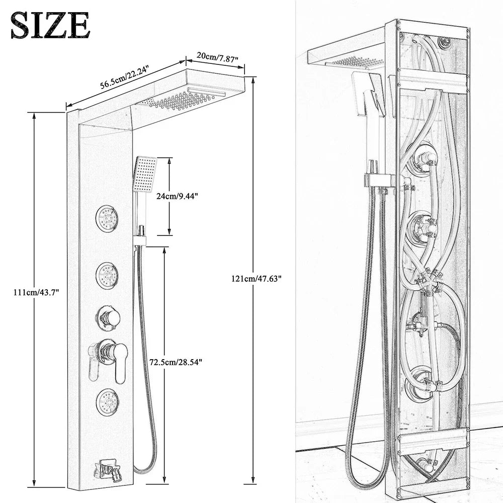 Afralia™ Rainfall Waterfall Shower Panel with Body Massage Jets for Wall Mount