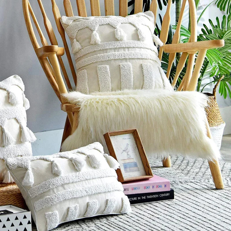 Afralia™ Ivory Tufted Tassel Cushion Cover - Netural Boho Style for Home Decor