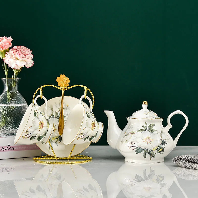 Afralia™ Luxury Bone China Tea Set with Teapot, Cups, and Saucers