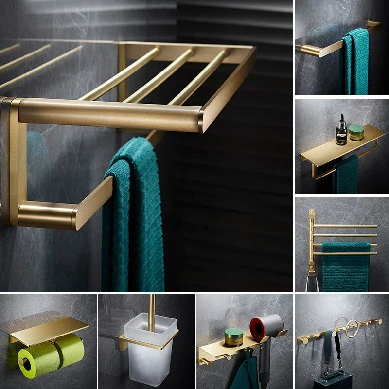 Afralia™ Brass Bath Hardware Set: Shelf, Towel Rack, Paper & Toilet Brush Holder in Brushed Gold