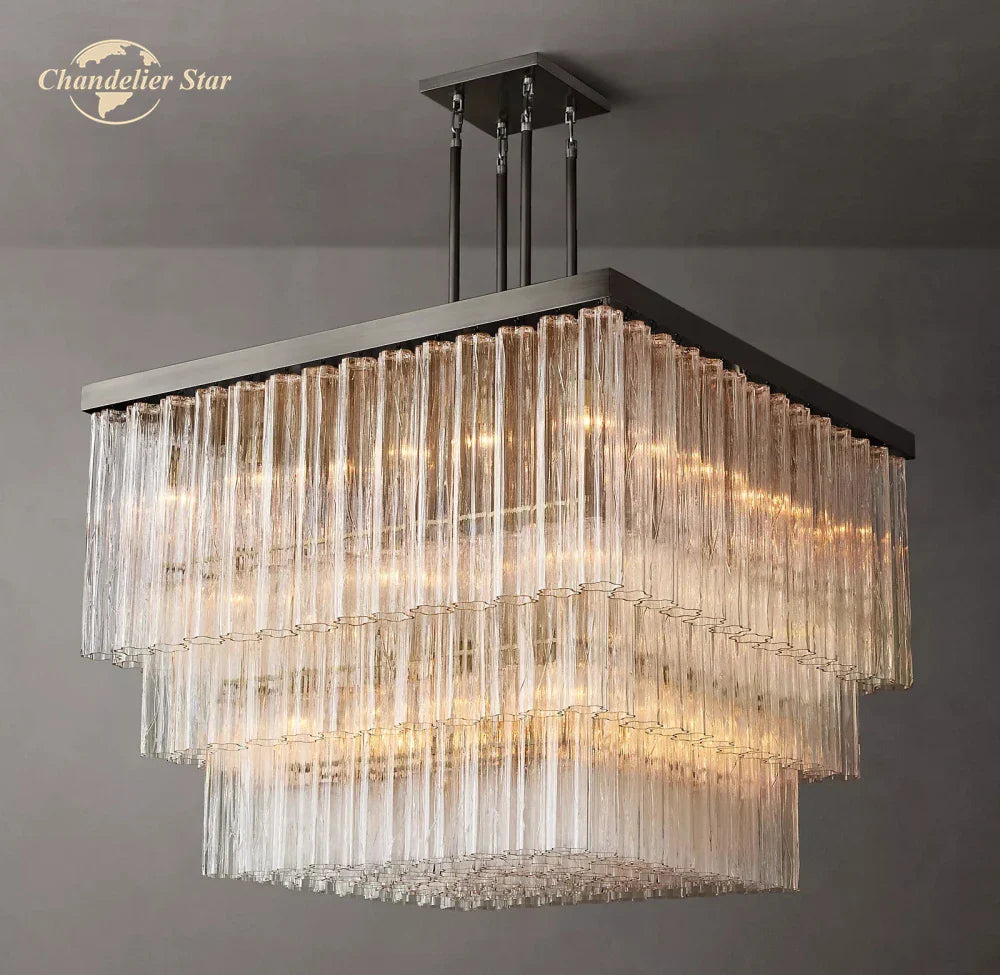 Afralia™ Glass Tube LED Square Chandelier Pendant Hanging Light - Modern Cielo Fixture