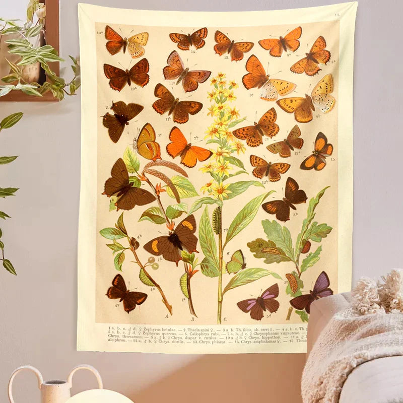 Afralia™ Butterfly Botanical Tapestry Wall Hanging Vintage Aesthetic Room Decor Mural Tapiz