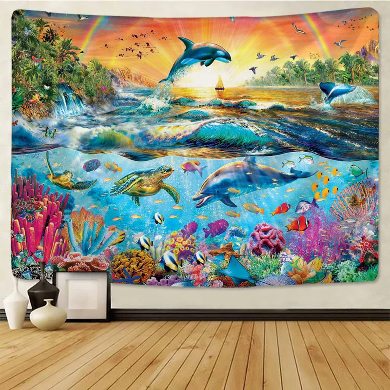 Afralia™ Rainbow Sea Turtle Dolphin Tapestry Wall Hanging Yoga Mat Beach Towel