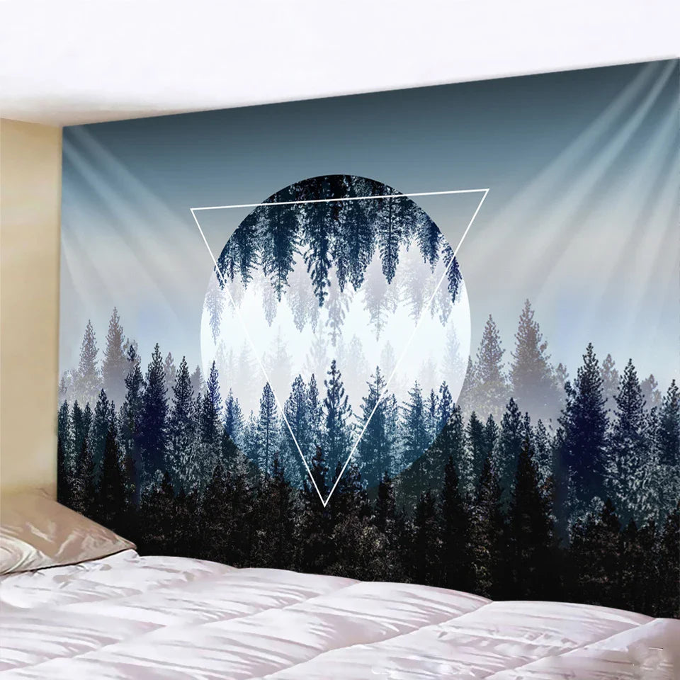 Afralia™ Nordic Mountains Forest Psychedelic Tapestry Wall Hanging Yoga Mat Nordic Mandala