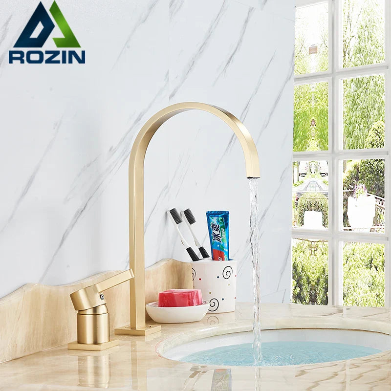 Afralia™ Brushed Gold Basin Faucet Single Handle Widespread Bathroom Sink Mixer Tap