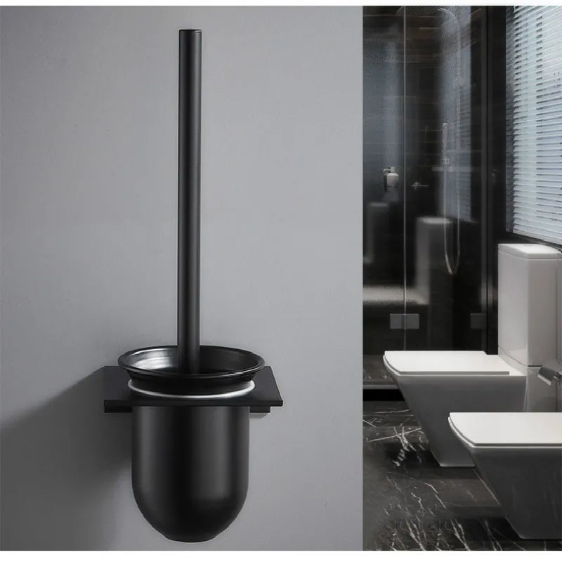 Afralia™ Stainless Steel Toilet Brush Holder, Wall Mount, Black, Bathroom Cleaning Kit