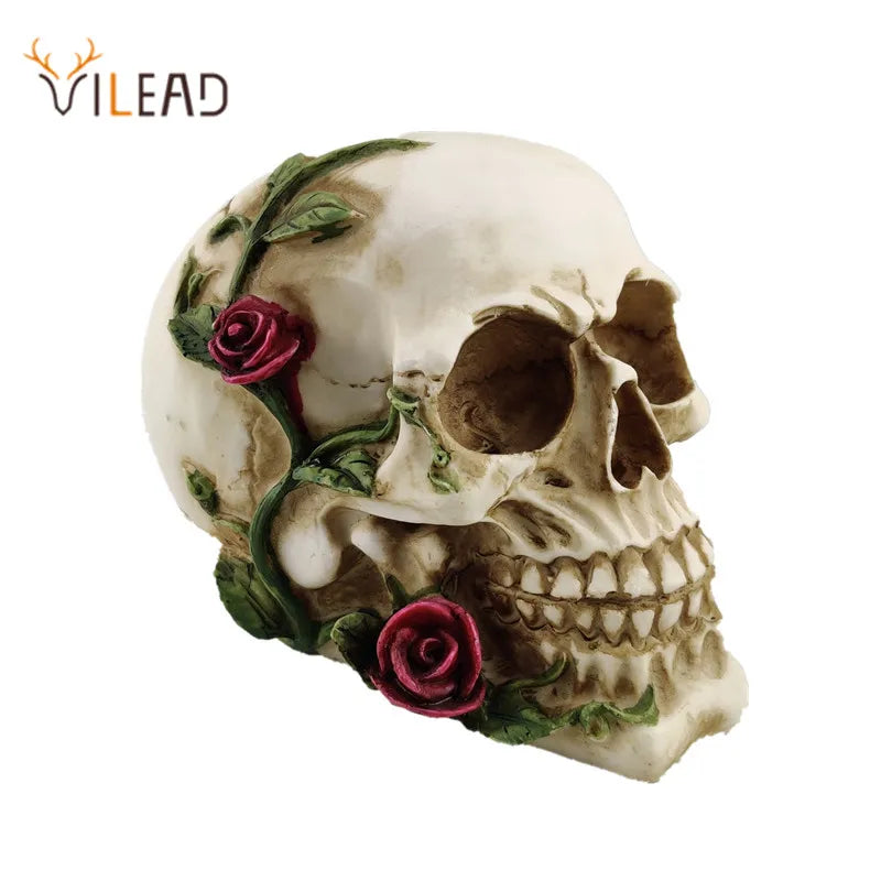 Afralia™ Rose Skull Halloween Decoration Resin Skeleton Head Sculpture Ornament Bar Home Decor