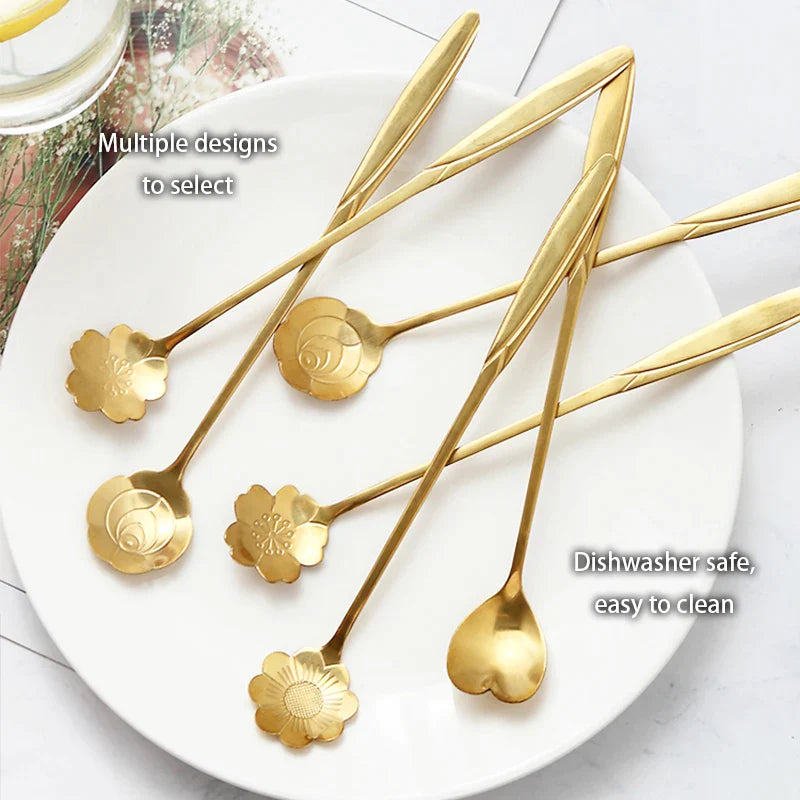 Afralia™ Gold Flower Stainless Steel Teaspoons Set for Coffee, Desserts, and Ice Cream