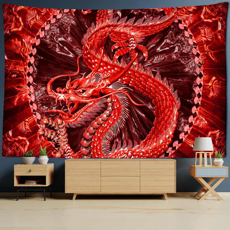 Afralia™ Red Loong Dragon Totem Tapestry - Castle Wall Hanging, Bedspread, Beach Mat