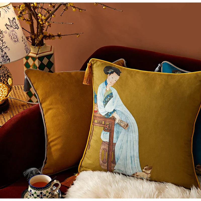 Afralia™ Chinese Classical Women Print Cushion Cover with Tassels