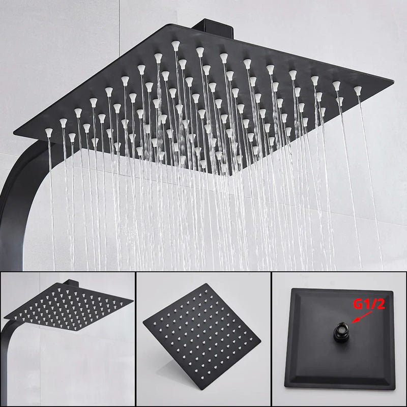 Afralia™ Black Thermostatic Rain Shower Faucet Set for Wall Mounted Bathrooms