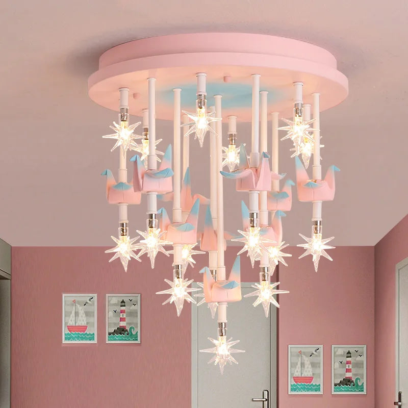 Afralia™ Kids Resin Horse Paper Crane Ceiling Light - Blue Pink LED Bedroom Lamp