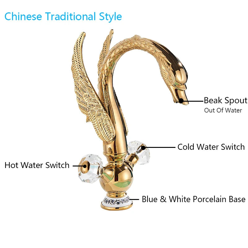 Afralia™ Golden Swan Basin Faucet: Solid Brass, Deck Mount, Dual Handle Mixer Tap