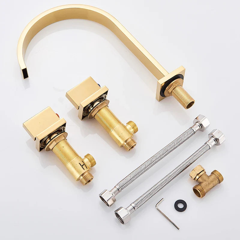 Afralia™ Golden Brass Dual Handle Basin Faucet Set - Deck Mounted Hot Cold Mixer