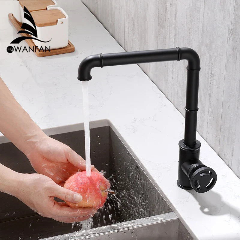 Afralia™ Matte Black Brass Crane Faucet Retro Industrial Style Hot Cold Mixer Tap