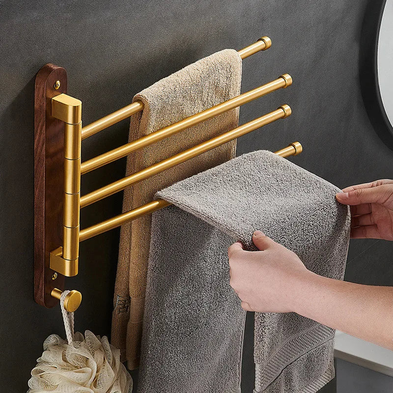 Afralia™ Brushed Gold Wood Swivel Towel Hanger Wall Mounted Folding Bathroom Towel Bar