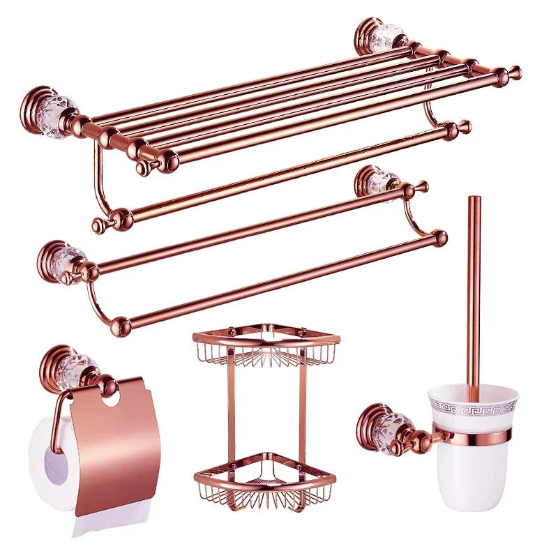 Afralia™ Rose Gold Bathroom Accessories Set: Towel Rack, Paper Holder, Toilet Brush Holder, Hooks