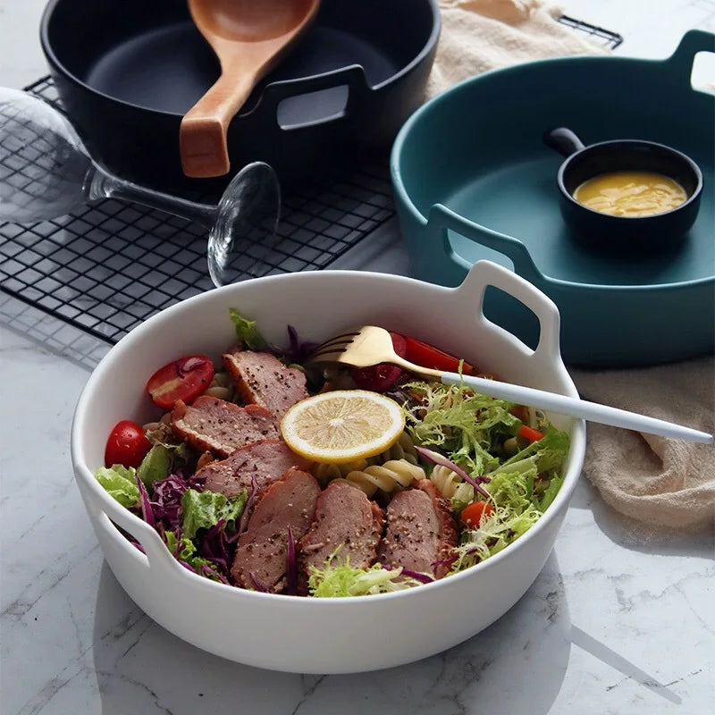 Afralia™ Ceramic Double Handle Salad Bowl | Deep Porcelain Serving Dish