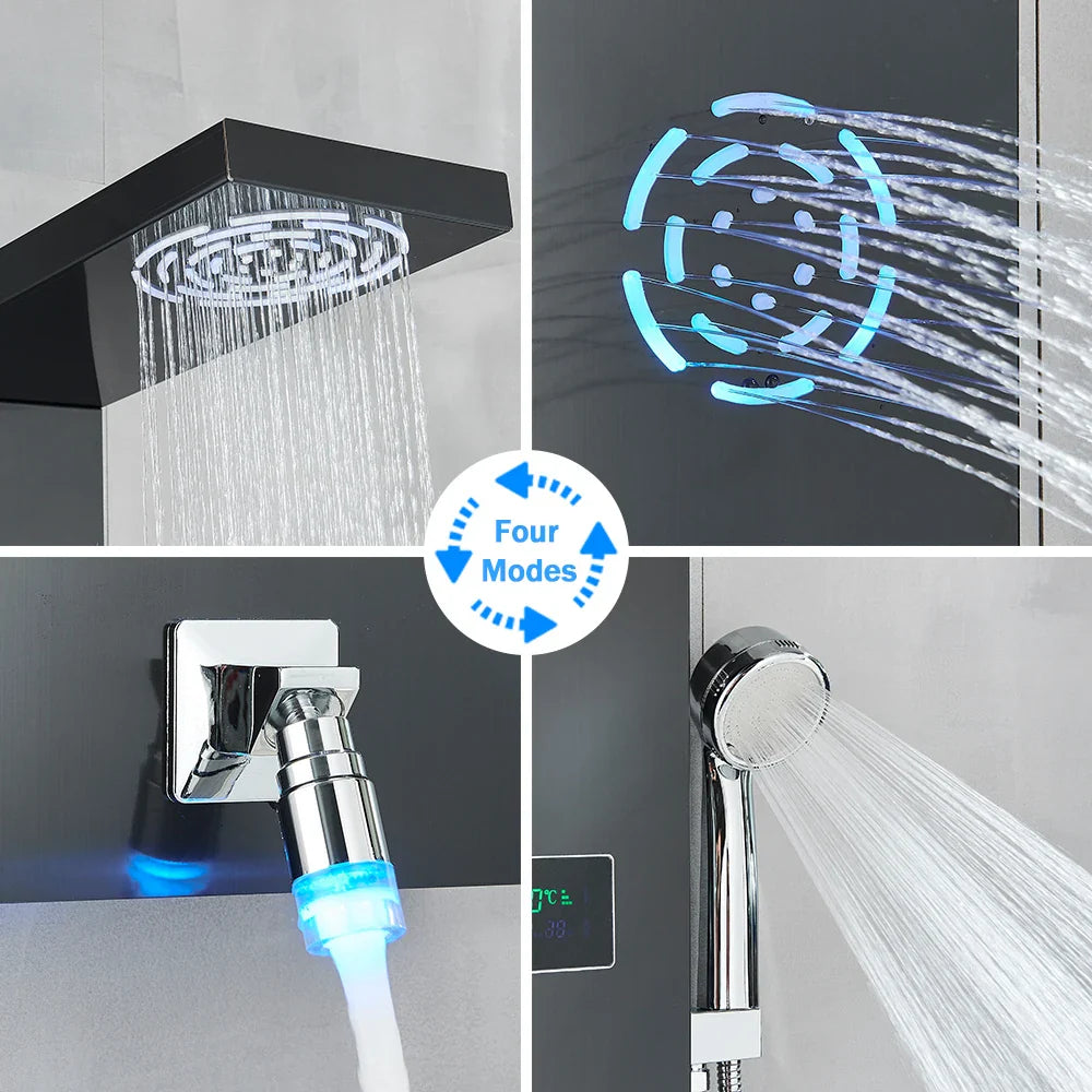 Afralia™ LCD Black LED Rainfall Shower Panel with 5 Massage Jets Wall Mount