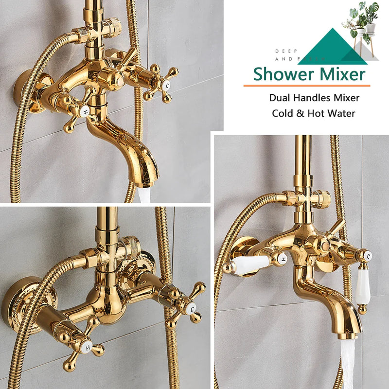 Afralia™ Gold Brass Shower Faucet Set with Tub Spout and Dual Handles