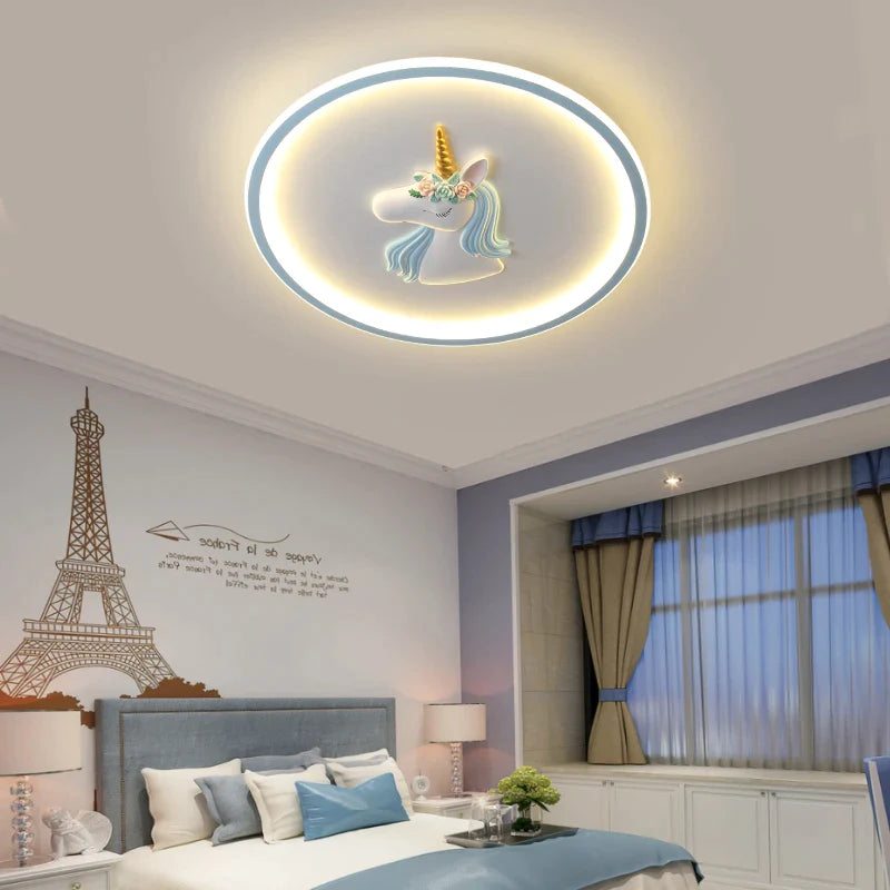 Afralia™ Cartoon Kids Ceiling Lights Remote Control Chandelier 56W Blue Pink 220V