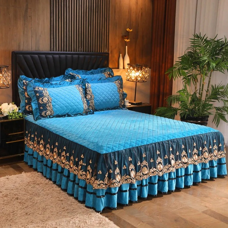 Afralia™ Crystal Velvet Bedspread Set with Super Soft Quilting & Lace Bedskirt