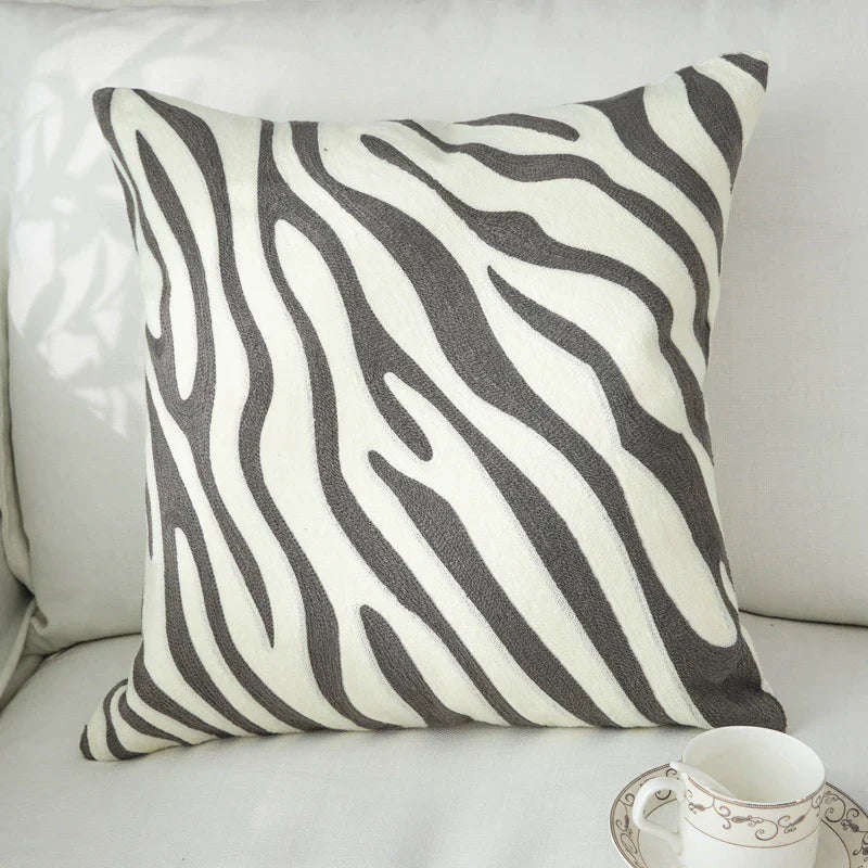 Afralia™ Zebra Pattern Embroidered Cushion Cover in Grey, Yellow, Blue