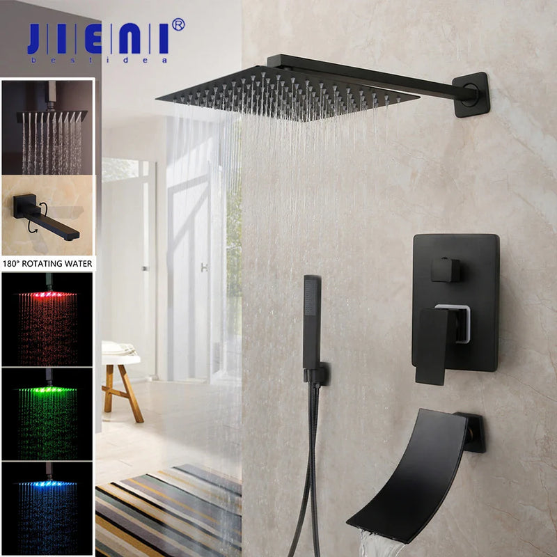 Afralia™ 8/16 Inch Matte Black LED Rainfall Shower Faucet Set