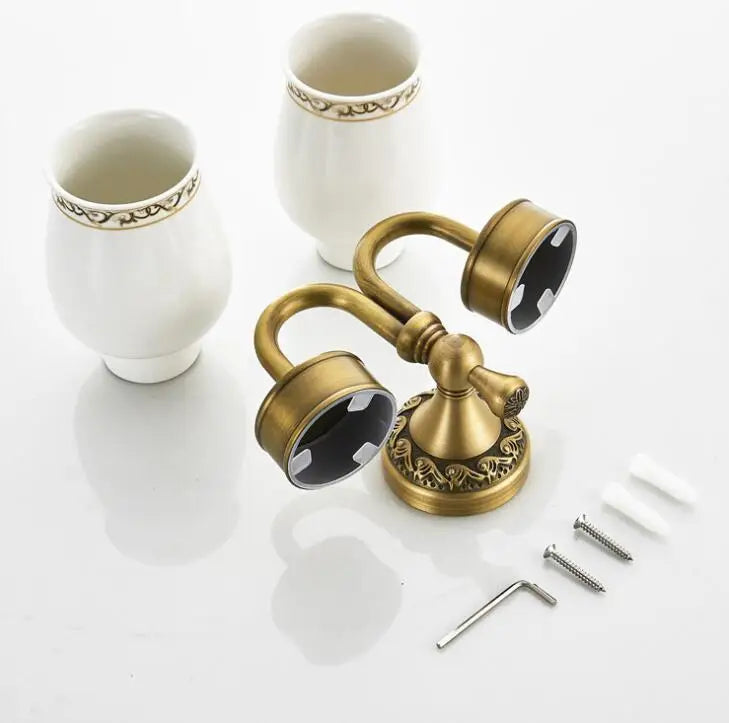 Afralia™ Brass Double Cup Holder with Glass Tumbler - Bathroom Toothbrush Cup Holder