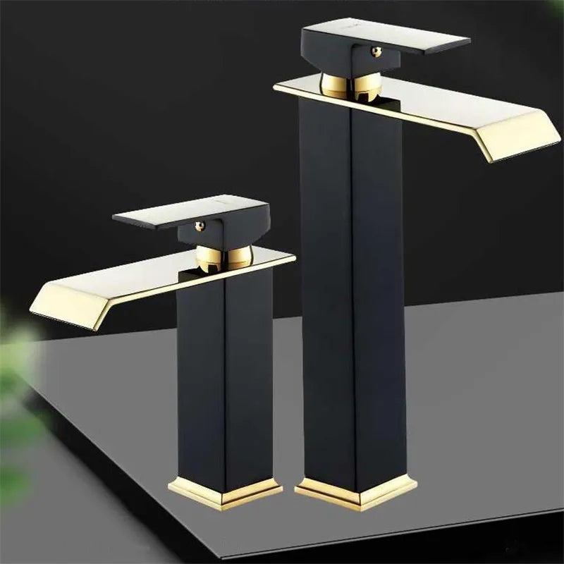 Afralia™ Gold Black Waterfall Basin Faucet Mixer Tap Hot Cold Sink Brass Bathroom