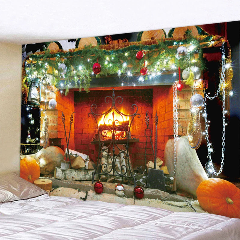 Afralia™ Christmas Fireplace & Tree Tapestry Wall Hanging