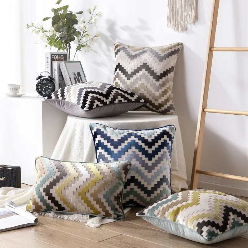 Afralia™ Zigzag Grey Coffee Blue Velvet Cushion Cover - 45x45cm/30x50cm/50x50cm