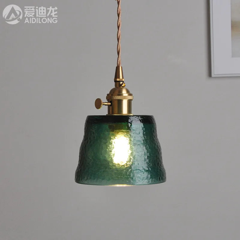 Afralia™ Green Glass LED Pendant Light - Japanese Style Nordic Copper Hanging Lamp