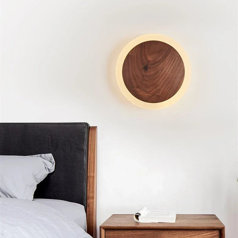 Afralia™ Walnut Round Solid Wood LED Wall Light for Bedroom Living Room Kitchen