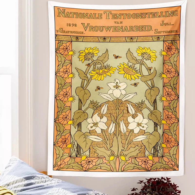 Afralia™ Vintage Flower Bee Print Botanical Tapestry Wall Hanging Reference Chart Art