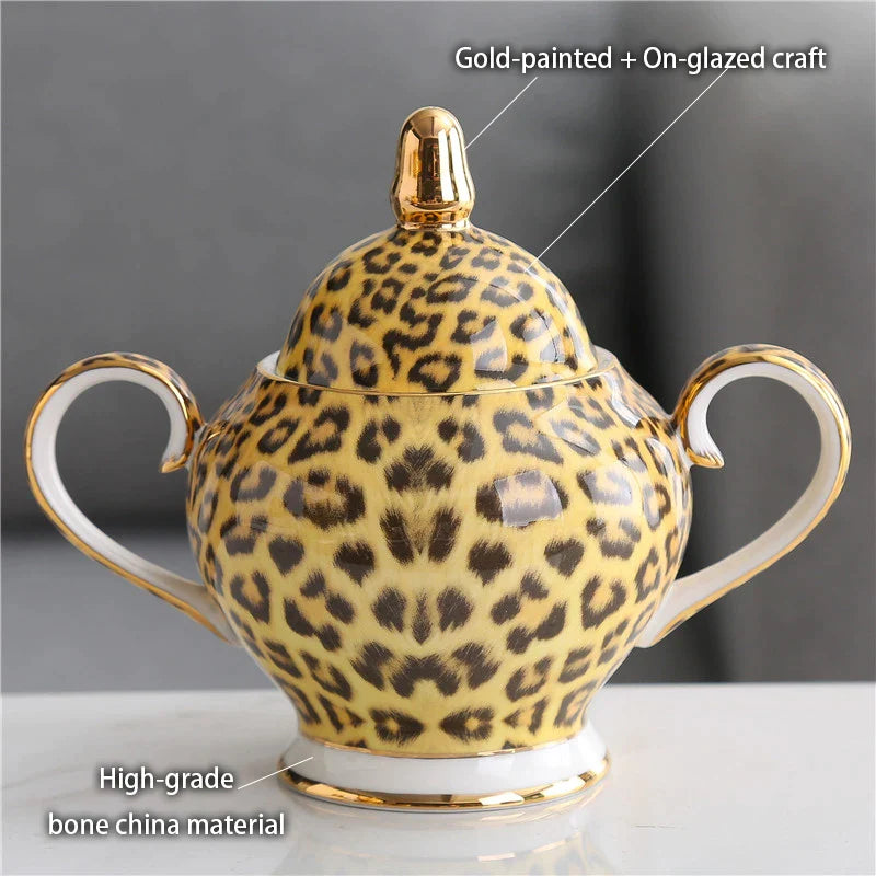 Afralia™ Leopard Print Bone China Coffee Set Tea Pot Cup Luxury Porcel
