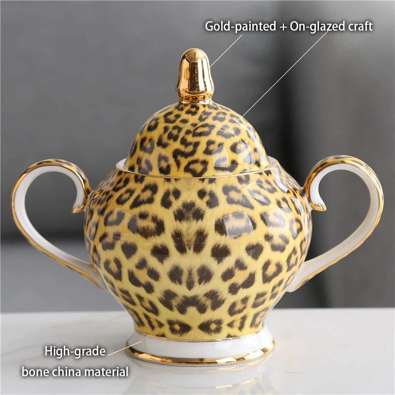 Afralia™ Leopard Print Bone China Coffee Set Tea Pot Cup Luxury Porcelain Drinkware