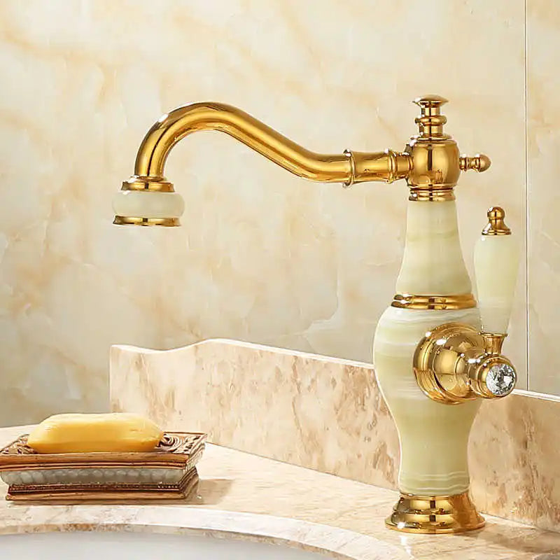 Afralia™ Brass and Jade Bathroom Basin Sink Faucet Gold Mixer Tap