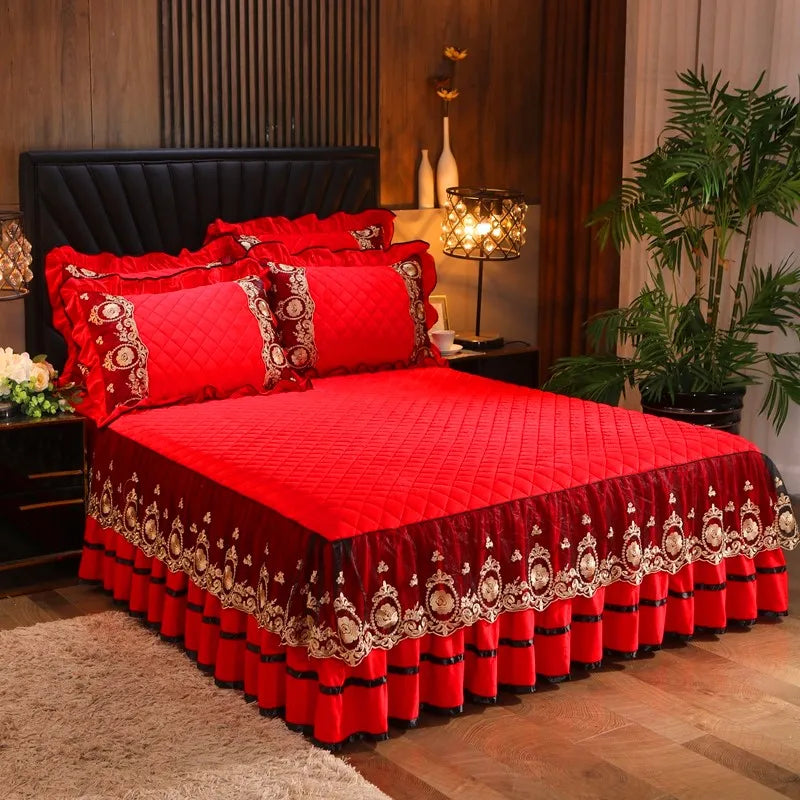 Afralia™ Crystal Velvet Bedspread Set with Super Soft Quilting & Lace Bedskirt