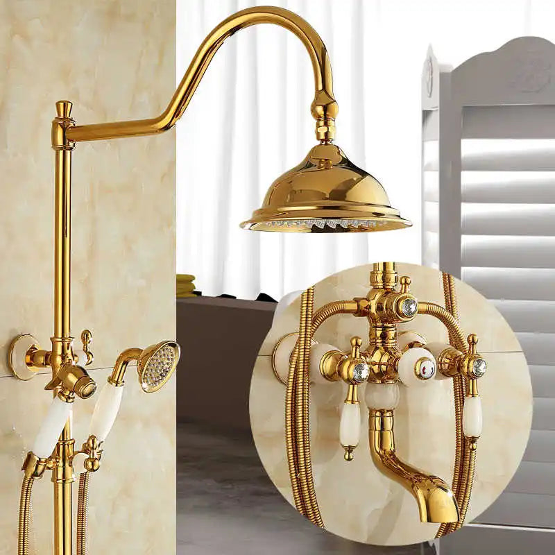 Afralia™ Gold Brass Jade Bath Shower Set Wall Mounted Rainfall Hand Shower Faucet